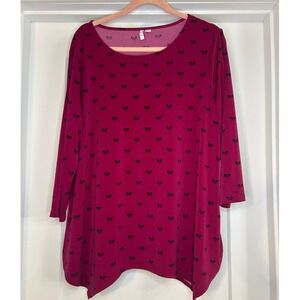 ELLE Womens Burgundy Black Bow Long Sleeve Top XL Asymmetrical Hem Coquette Girl